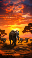 Fototapeta na wymiar Dramatic Sunset Over The Serene Plains, Showcasing The Vibrant Wildlife of Africa