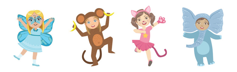 Cute Kid Character Wearing Animal Costume Enjoy Party Vector Set