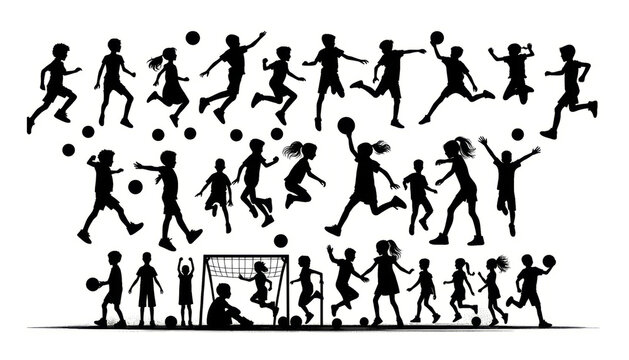 A long, horizontal vector silhouette depicts children playing various games and activities, like jumping, kicking a ball, and dancing, celebrating youth and play.