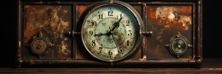 Vintage clock resting on a rustic wooden table