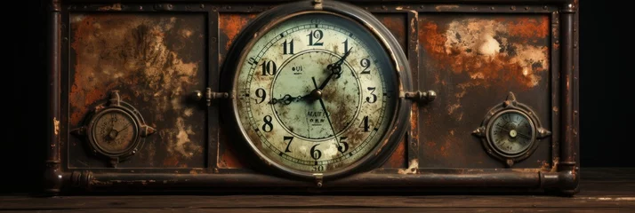 Fototapeten Vintage clock resting on a rustic wooden table © Ihor
