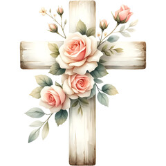Easter Cross Adorned with Spring Flowers: A Unique Watercolor Fusion Celebrating Rebirth, Elegantly Crafted for the Season of Renewal & Joy, Perfect for Home and Gatherings.