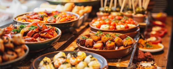 Tapas Selection in a Cozy Spanish Tapas Bar  Wide Angle