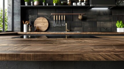 A loft-style natural wood countertop with a place to copy product advertisements on a blurred kitchen background at homeA loft-style natural wood countertop with a place to copy product  14 - obrazy, fototapety, plakaty