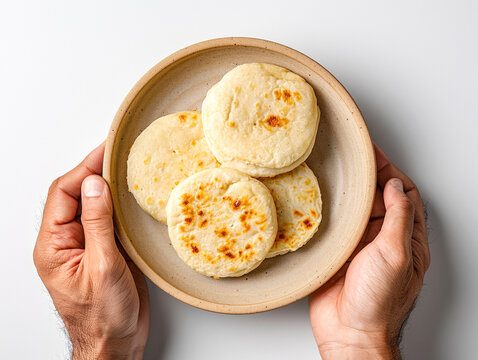 Hands holding a plate with Arepas realistic