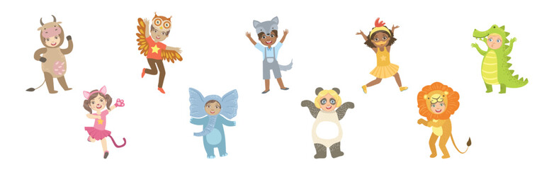 Cute Kid Character Wearing Animal Costume Enjoy Party Vector Set