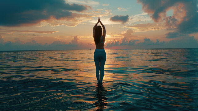 Silhouette of a woman doing yoga on the beach facing the sunrise