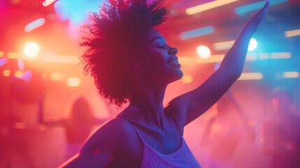 Dance, night and disco with black woman at party for club, celebration and energy. Concert, music...