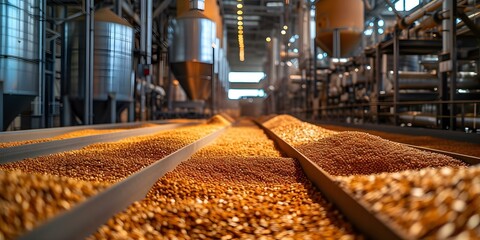 A busy grain processing plant filled with the scent of fresh grain. Concept Grain Processing Plant, Fresh Grain Scent, Industrial Machinery, Busy Environment, Production Facility