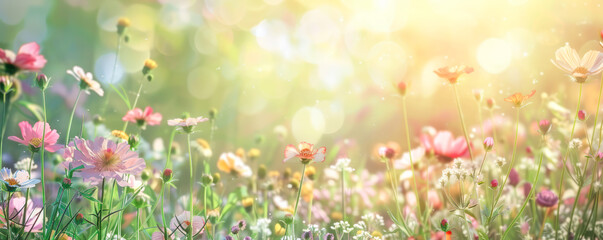 Beautiful Floral Meadow. A vibrant and enchanting meadow filled with colorful flowers under a sunlit, bokeh-dotted backdrop.