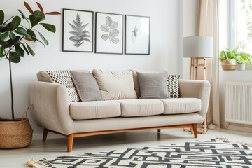 A modern living room featuring a stylish couch and a patterned rug.