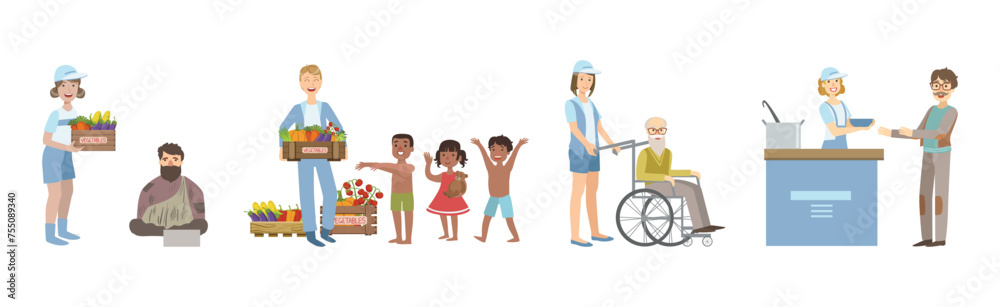 Poster People Volunteer Character Give Help and Support Vector Set