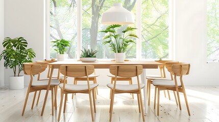 Wooden chairs at table in bright open space interior with lamp
