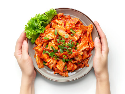 Hands holding a plate with Kimchi realistic