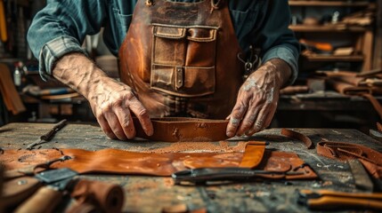 closeup hand working process leather handcraft in the leather workshop. Man holding crafting tool and working. He is sewing to make a walet. Tanner in old tannery.