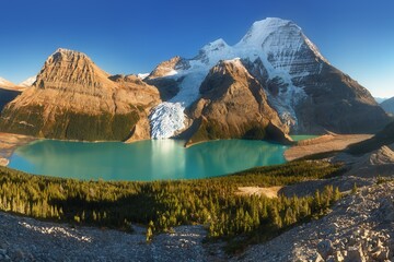 Canada, British Columbia. Mount Robson, highest mountain in the Canadian Rockies, elevation 3,954 m (12,972 ft), seen from Mumm Basin, Mount Robson Provincial Park. Summer time.