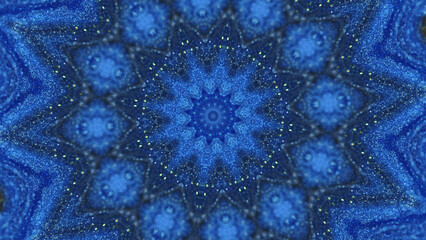 Snowflake mandala. Glowing kaleidoscope. Defocused blue color shimmering glitter bokeh light...