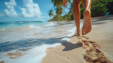 Back view of a woman walking barefoot on the beautiful sandy beach