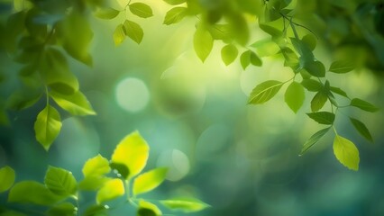 Calm nature background of spring leaves: A detailed view of a tree branch covered in lush green...