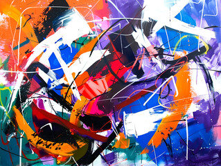 Colorful abstract painting with energetic brush strokes and graffiti elements.