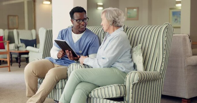 Nurse, senior woman or tablet in home, consultation or technology with questions for online healthcare or support. Black man, old lady and touchscreen in discussion and checklist for advice in clinic