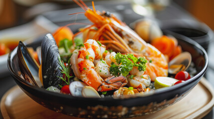 a seafood platter on a michelin-starred western square table moist