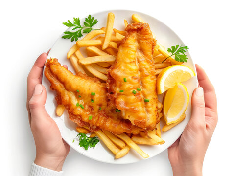 Hands holding a plate with Fish and Chips realistic