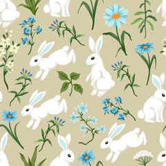 Fototapeta premium Seamless pattern with cute white rabbits and flowers. Vector.