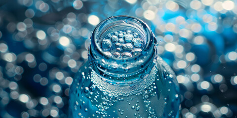 A macro shot capturing the intricate detail of condensation on a bottle, with a blue tint and bokeh effect in the background
