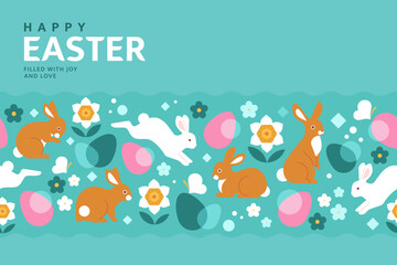 Happy Easter banner concept. Vector cartoon illustration in a trendy flat style with seamless abstract pattern with bunnies, flowers, and Easter eggs. Isolated on a light blue background