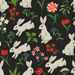 Seamless pattern with cute white rabbits and flowers. Vector.