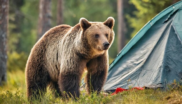 brown bear in camp near tent danger in camp