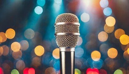 microphone on stage close up mic closeup karaoke night club bar music concert mike over colorful lights background song music concept wide backdrop border art design