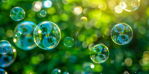 Ethereal green bubbles rise gently amidst a sun-dappled bokeh effect