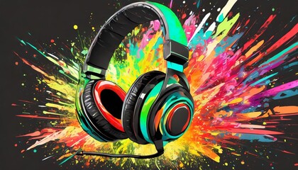 gaming headset with colorfull explosion on dark background