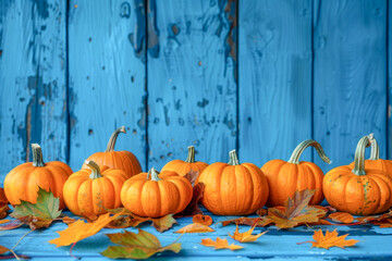 A variety of vibrant pumpkins and fall leaves artfully arranged on a textured blue wooden backdrop