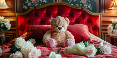 An adorable red plush bear sitting amidst white roses on a rich red bedspread