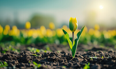 Solitary Tulip Sprout in Sunlit Field - Springtime Growth - obrazy, fototapety, plakaty