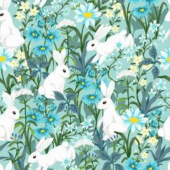 Seamless pattern with cute white rabbits and flowers. Vector. - 755092194