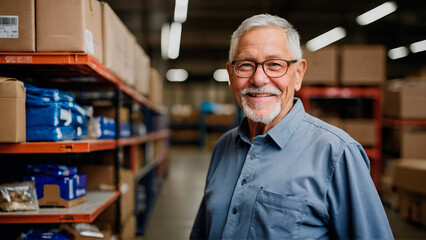Obraz premium A middle-aged warehouse supervisor standing near the shelves with the products