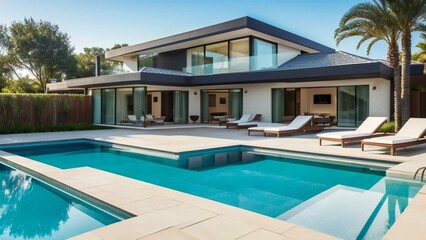 Fototapeta premium Luxury modern house with a swimming pool, sun loungers, and a well-manicured lawn on a sunny day.