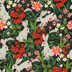 Seamless pattern with cute white rabbits and flowers. Vector. - 755092524