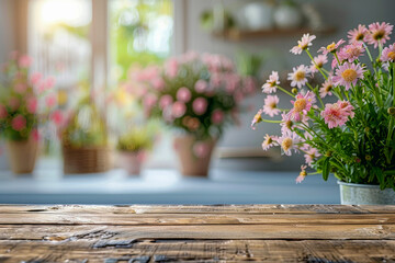 Fototapeta na wymiar Blooming Pink Daisies on Wooden Table with Blurred Background