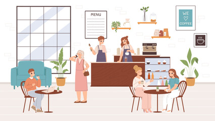 Coffee shop. Young adults drinking hot drinks in cafe. Barista making cappuccino, hot chocolate or cocoa with milk. Happy girls and guys snugly vector scene