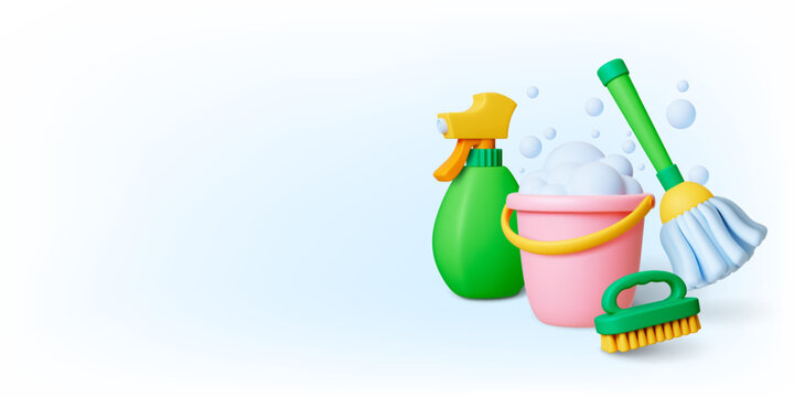 Realistic 3d household tools. Cleaning service ad poster. Bucket with soap foam, spray bottle, brush and broom. Housekeeping pithy vector concept