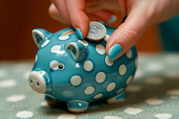 A hand inserting a coin into a charming blue and white polka-dotted piggy bank