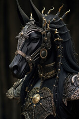 Black Knight horse armor, close-up portrait.