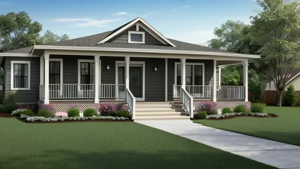 Gartenposter Cozy suburban house with a welcoming porch, landscaped garden, and a clear sky at dusk. © home 3d