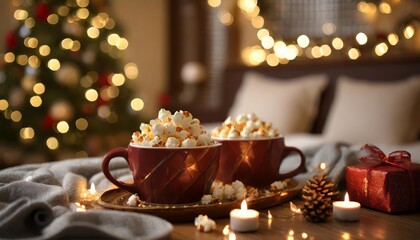 romantic surprise for girlfriend or boyfriend bedroom prepared for watching old movies with popcorn decorated with lights and candles cozy home christmas atmosphere hot chocolate with marshmallow - obrazy, fototapety, plakaty