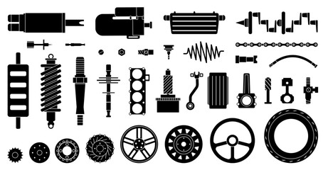 Auto service black icons. Various mechanisms, automobile spare parts. Adapter, wheels and gears, valve, chains and pipes, decent vector collection